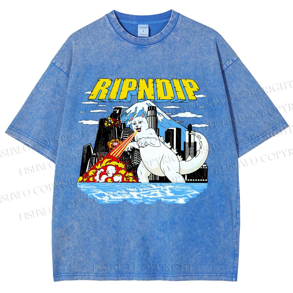 Unisex Monster Cat Printed Washed Tee