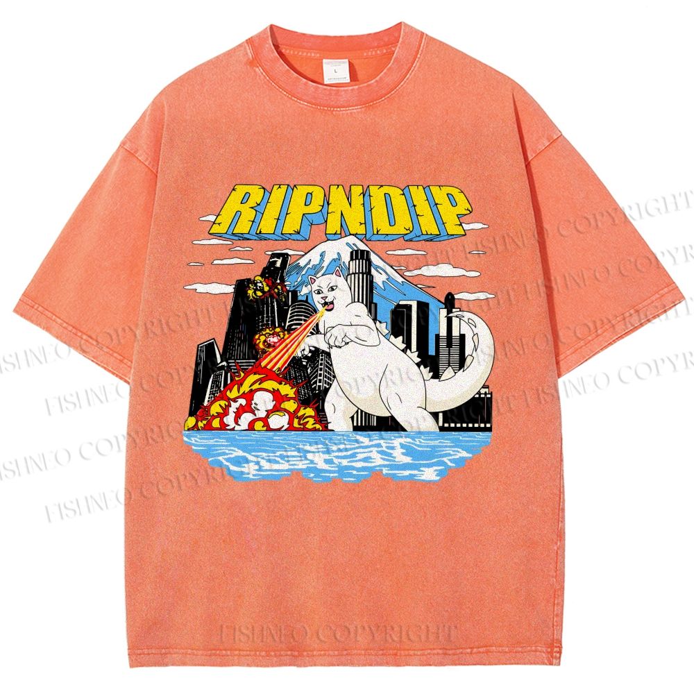 Unisex Monster Cat Printed Washed Tee