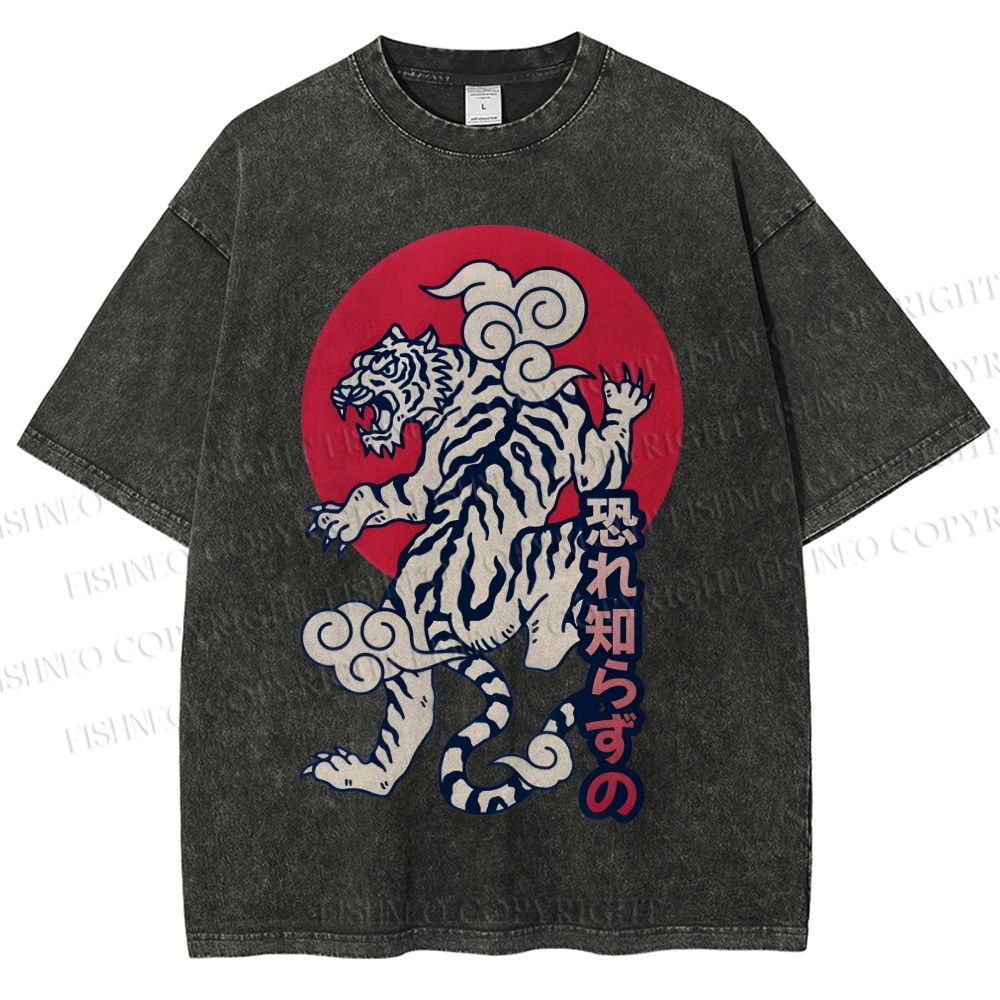 Unisex Japanese Art Tiger Printed Washed Tee