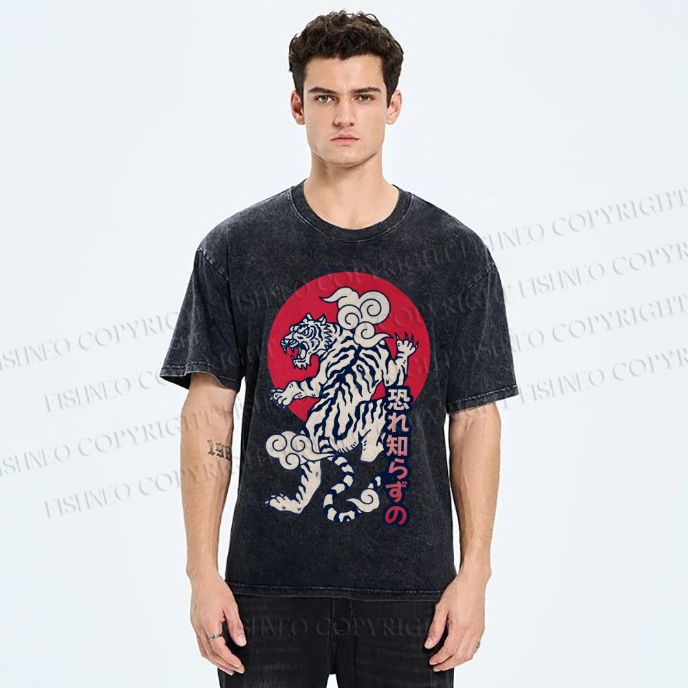 Unisex Japanese Art Tiger Printed Washed Tee