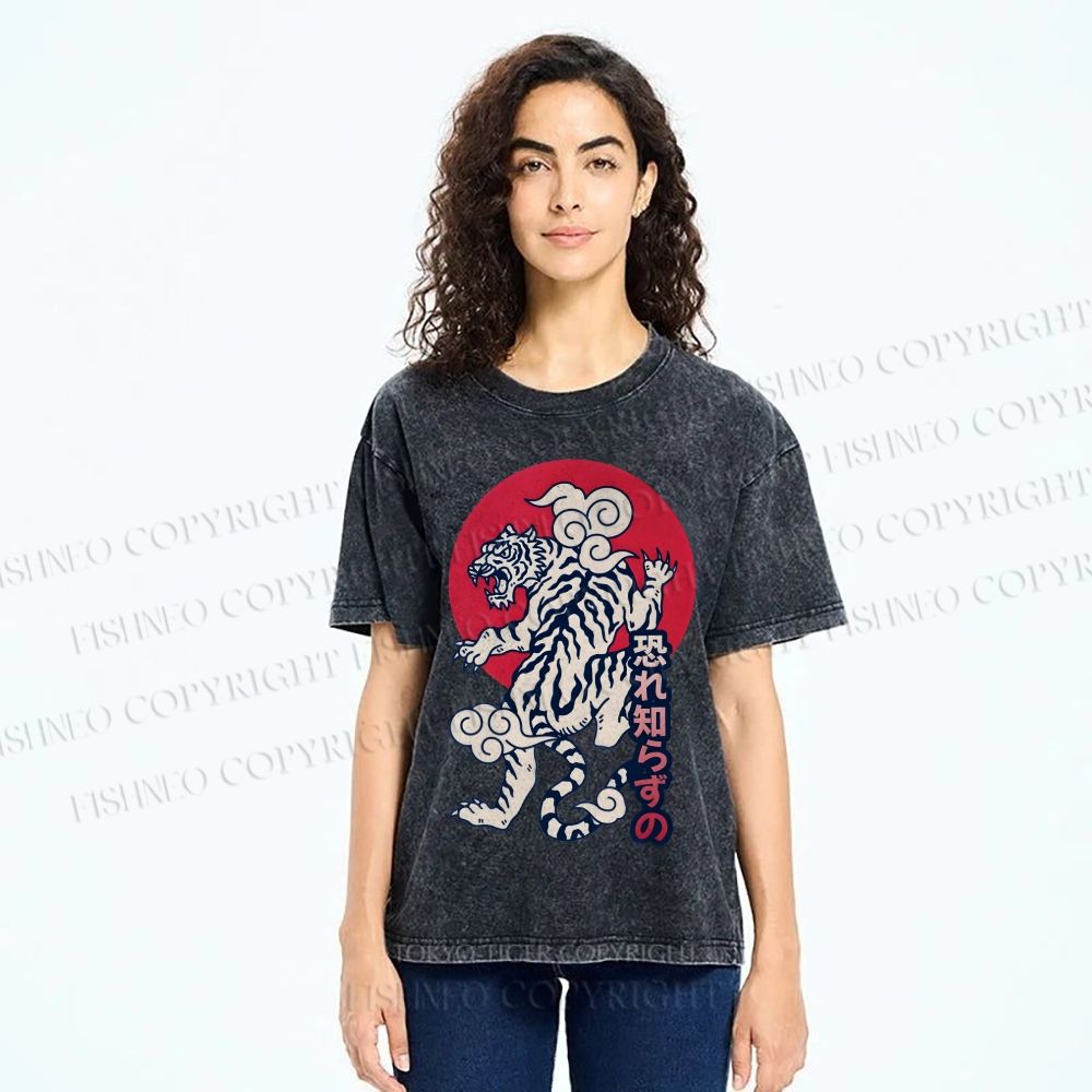 Unisex Japanese Art Tiger Printed Washed Tee