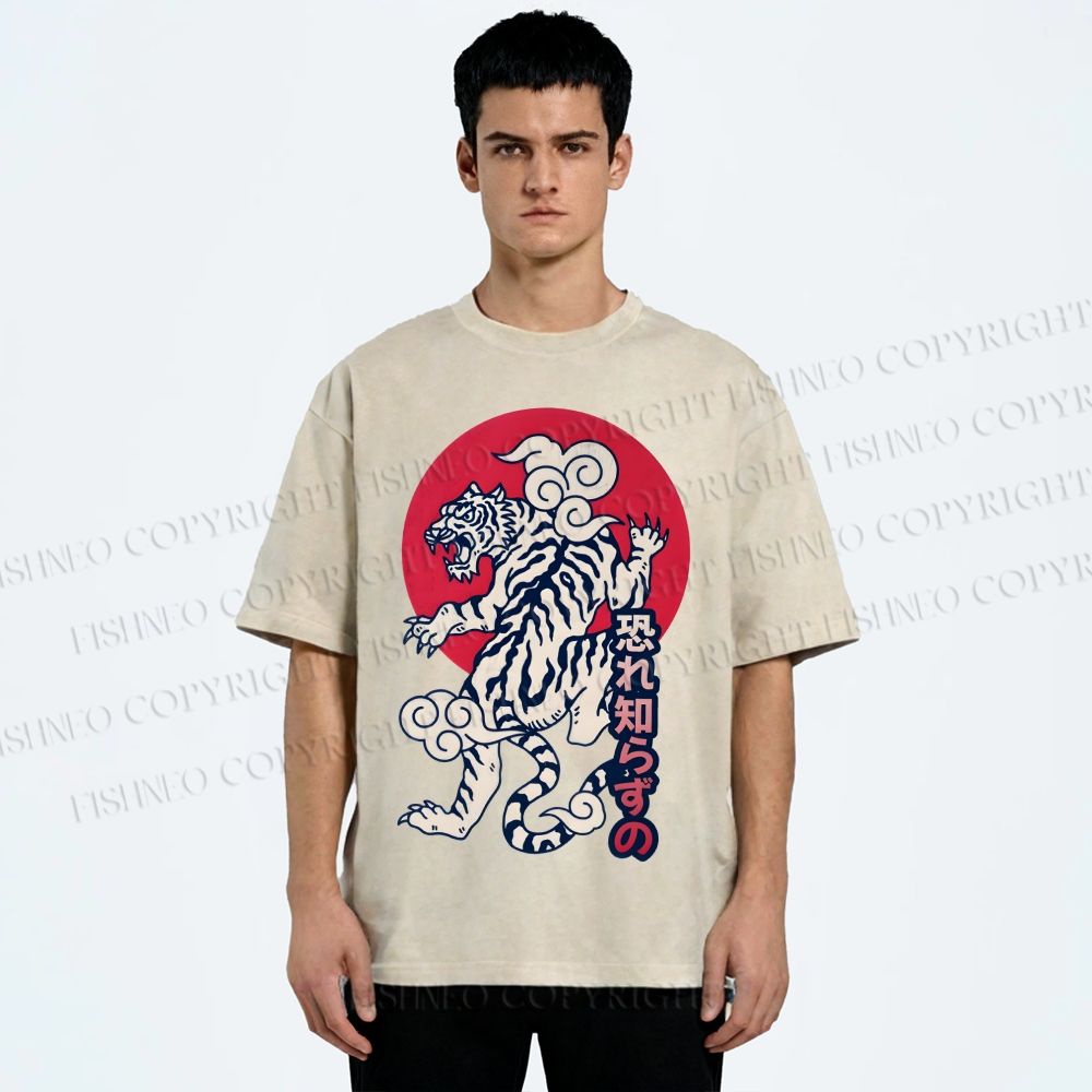 Unisex Japanese Art Tiger Printed Washed Tee