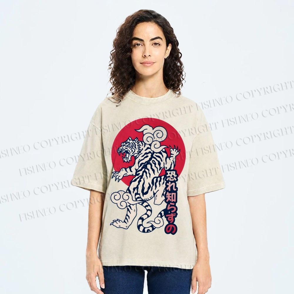 Unisex Japanese Art Tiger Printed Washed Tee