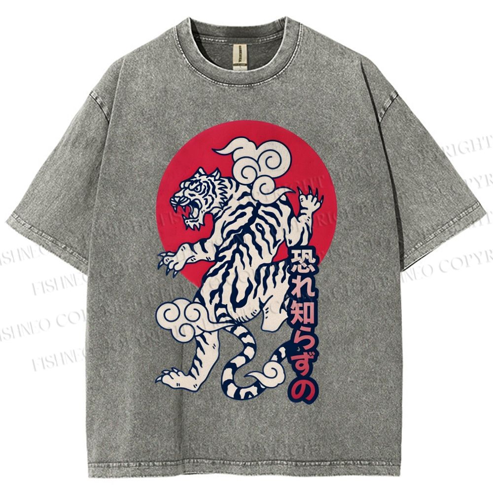 Unisex Japanese Art Tiger Printed Washed Tee