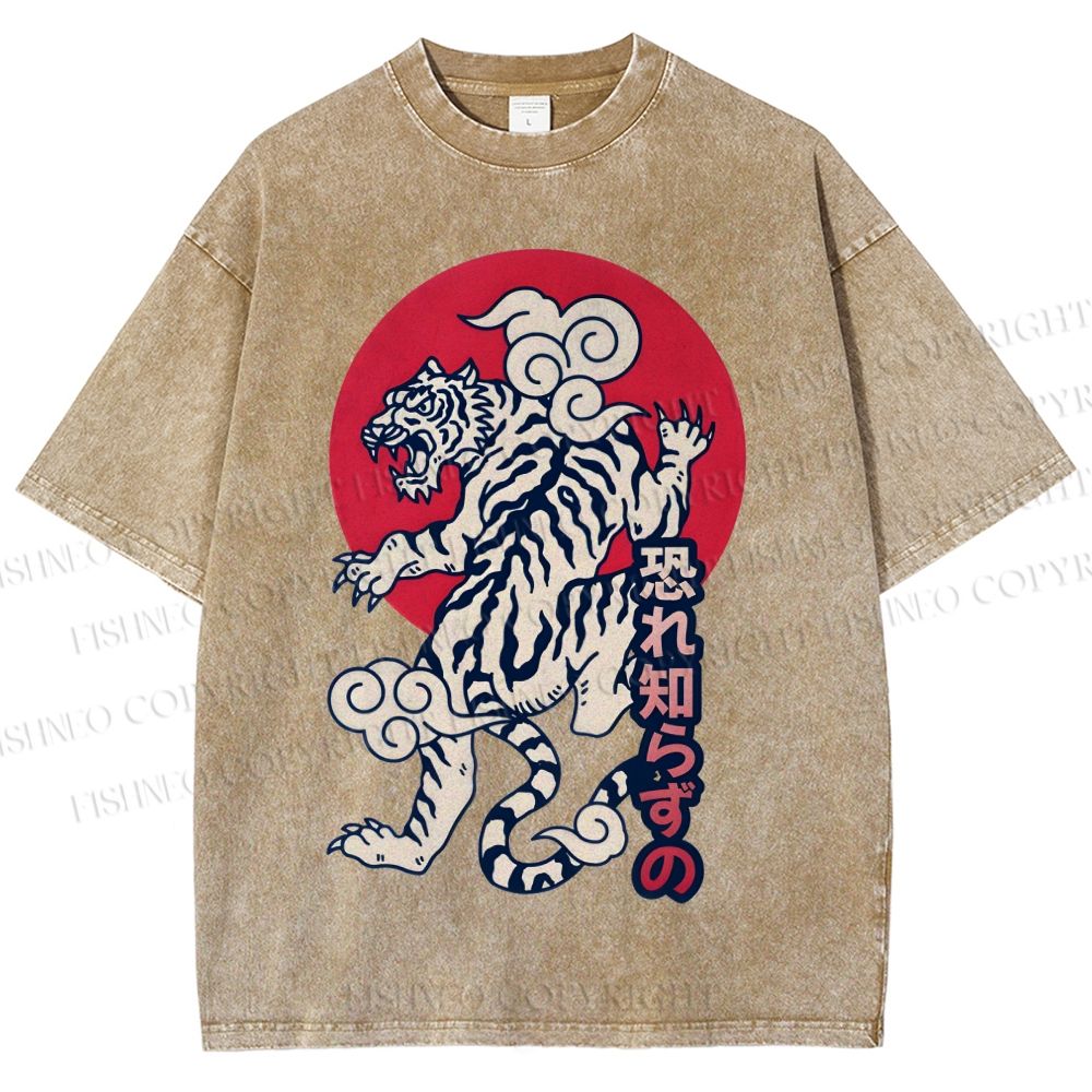 Unisex Japanese Art Tiger Printed Washed Tee