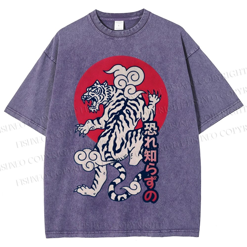 Unisex Japanese Art Tiger Printed Washed Tee