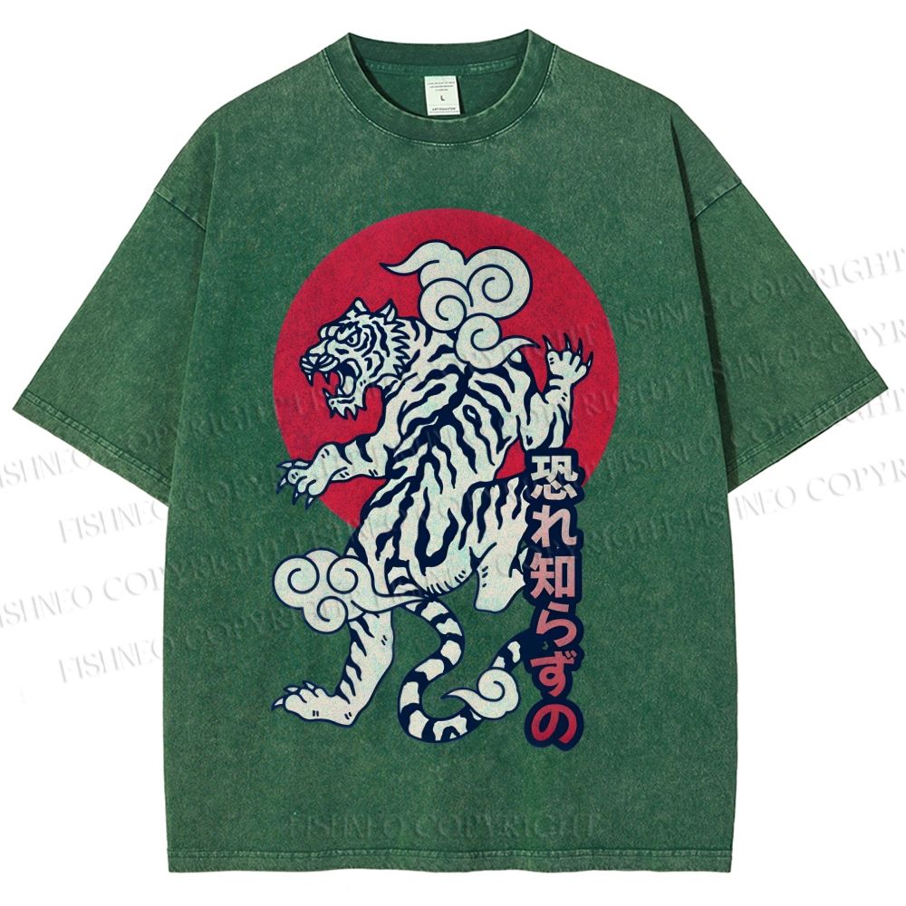 Unisex Japanese Art Tiger Printed Washed Tee