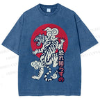 Unisex Japanese Art Tiger Printed Washed Tee