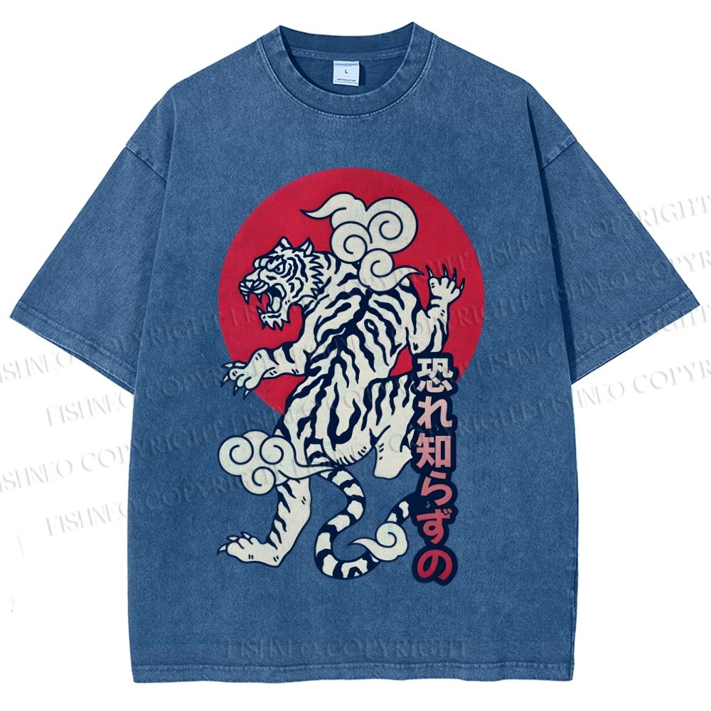 Unisex Japanese Art Tiger Printed Washed Tee