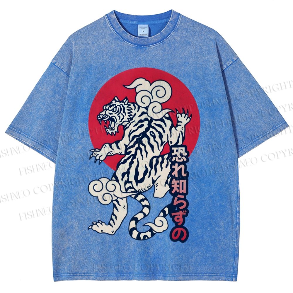 Unisex Japanese Art Tiger Printed Washed Tee