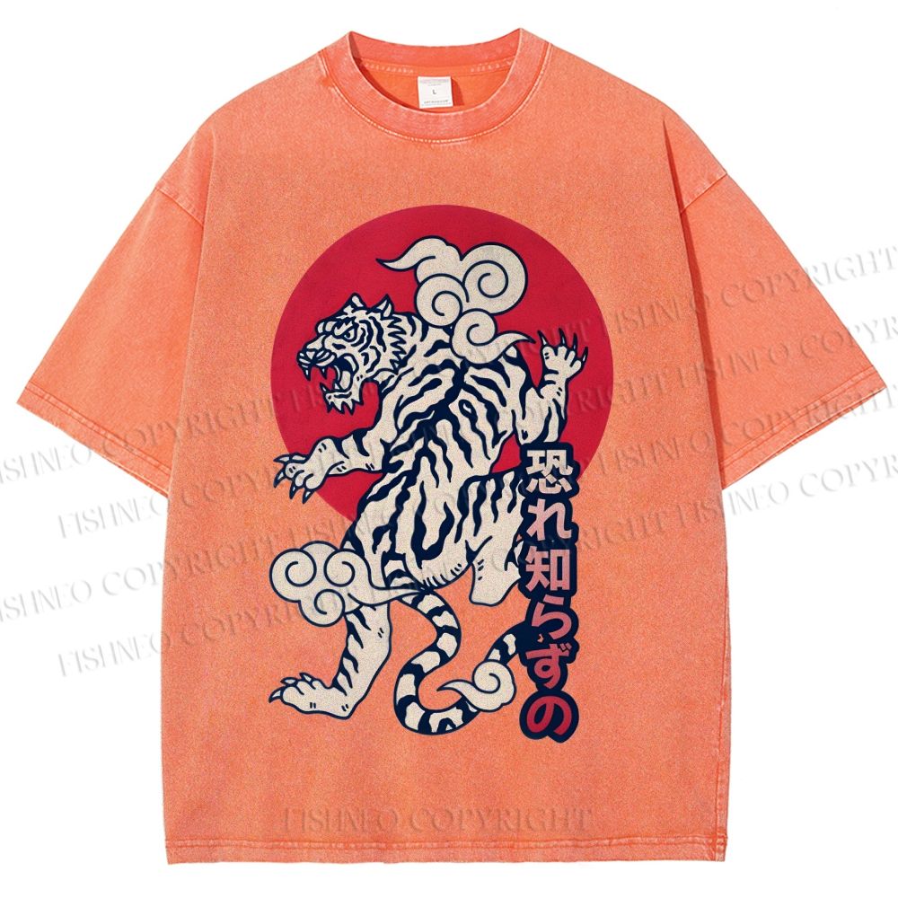 Unisex Japanese Art Tiger Printed Washed Tee