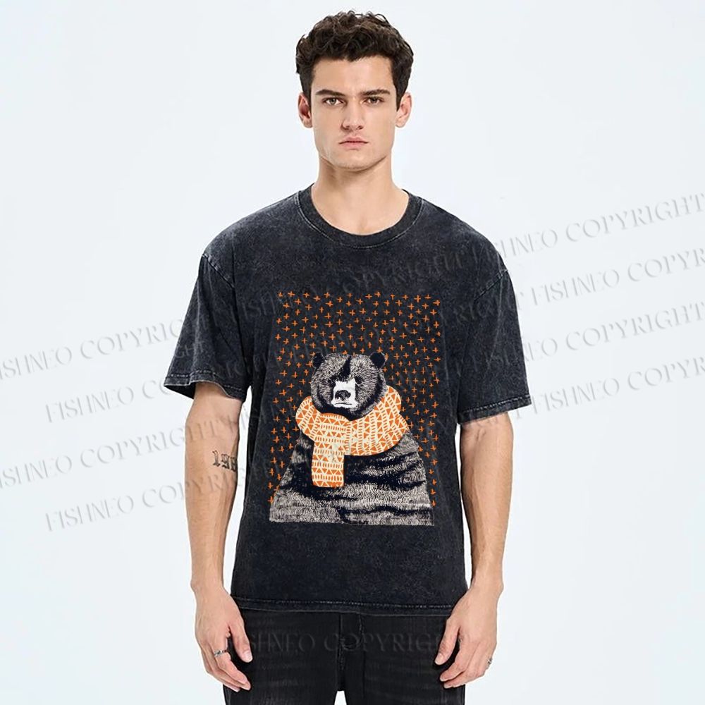 Unisex Bear Wearing a Scarf Printed Washed Tee