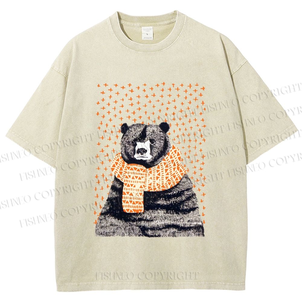 Unisex Bear Wearing a Scarf Printed Washed Tee