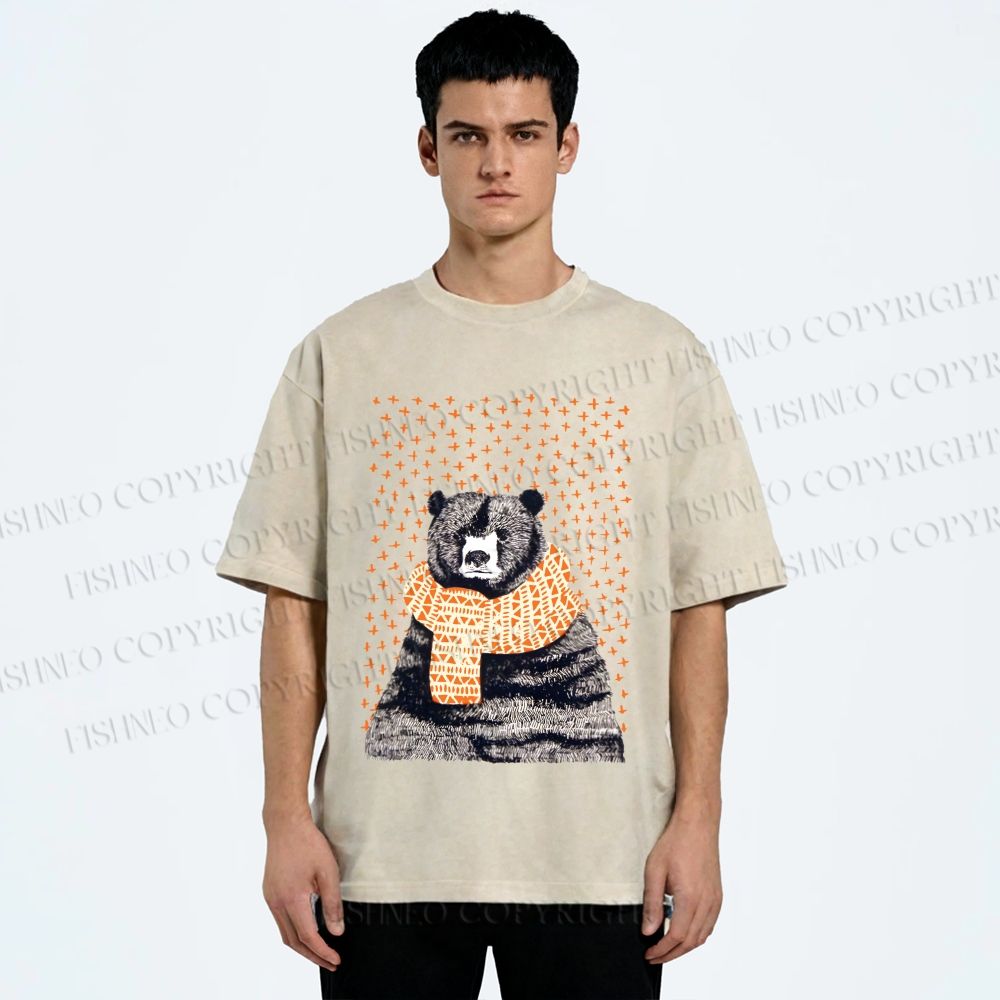 Unisex Bear Wearing a Scarf Printed Washed Tee
