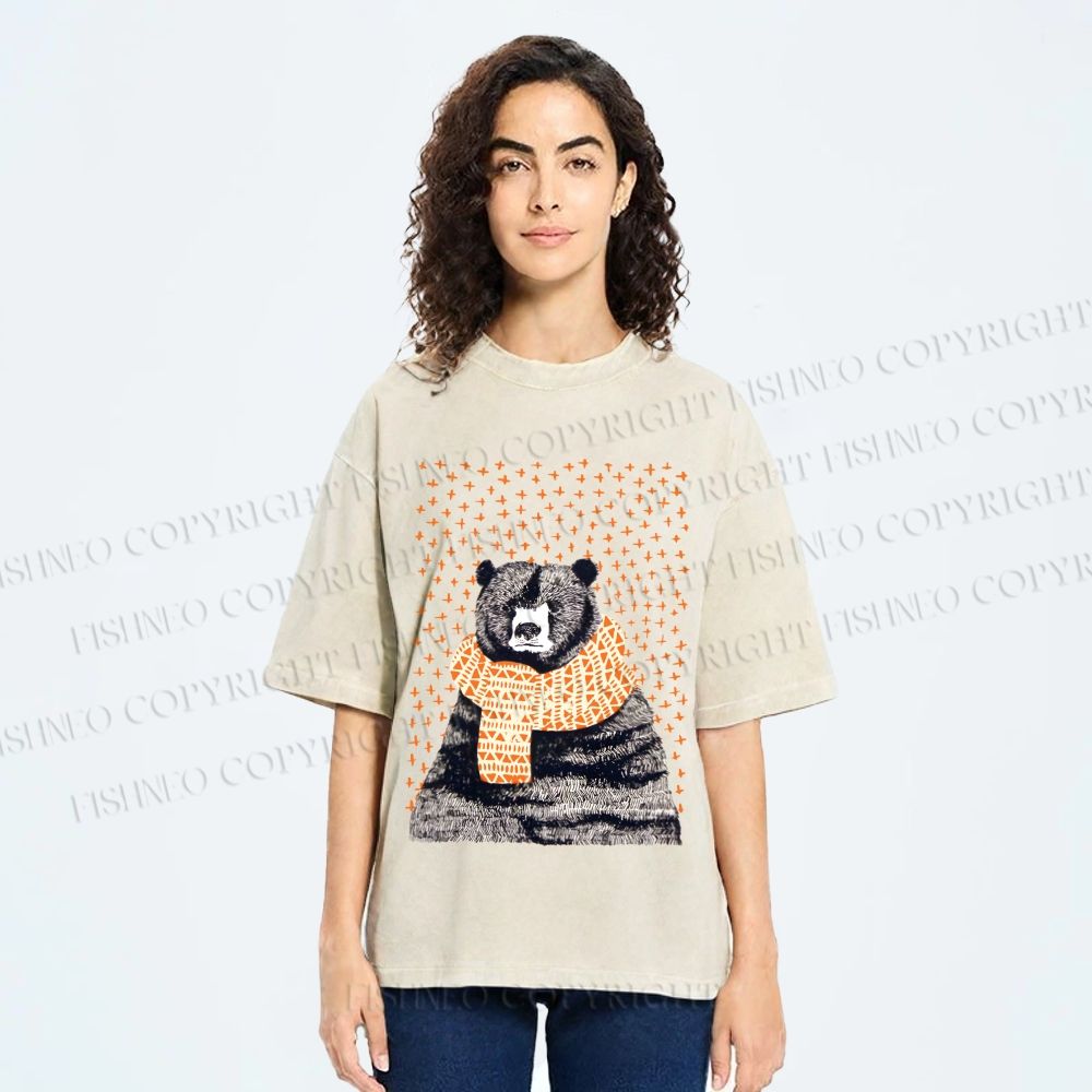 Unisex Bear Wearing a Scarf Printed Washed Tee