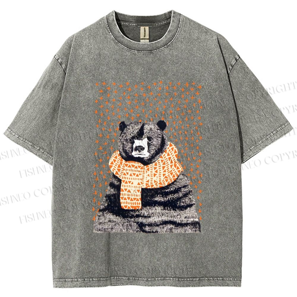 Unisex Bear Wearing a Scarf Printed Washed Tee