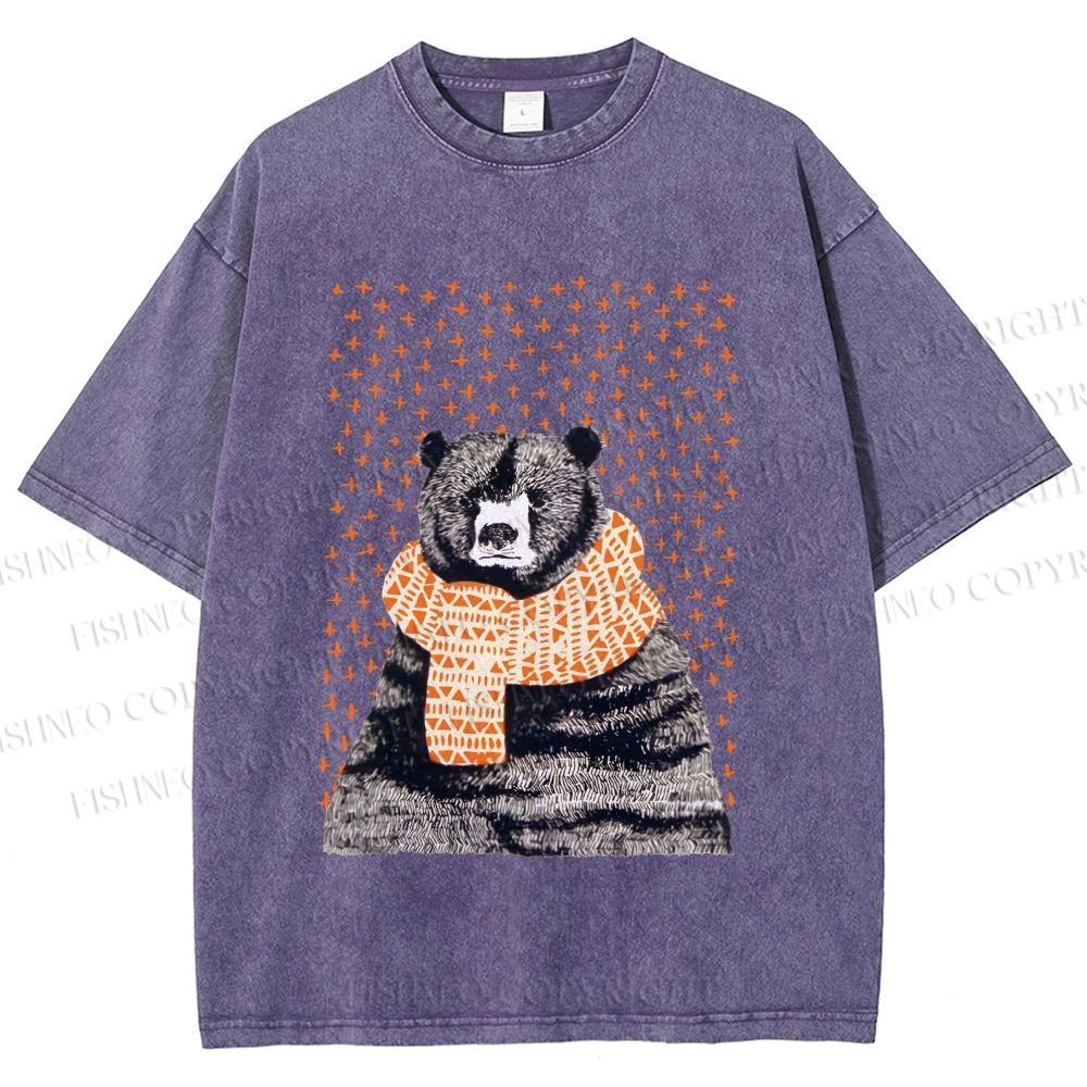 Unisex Bear Wearing a Scarf Printed Washed Tee