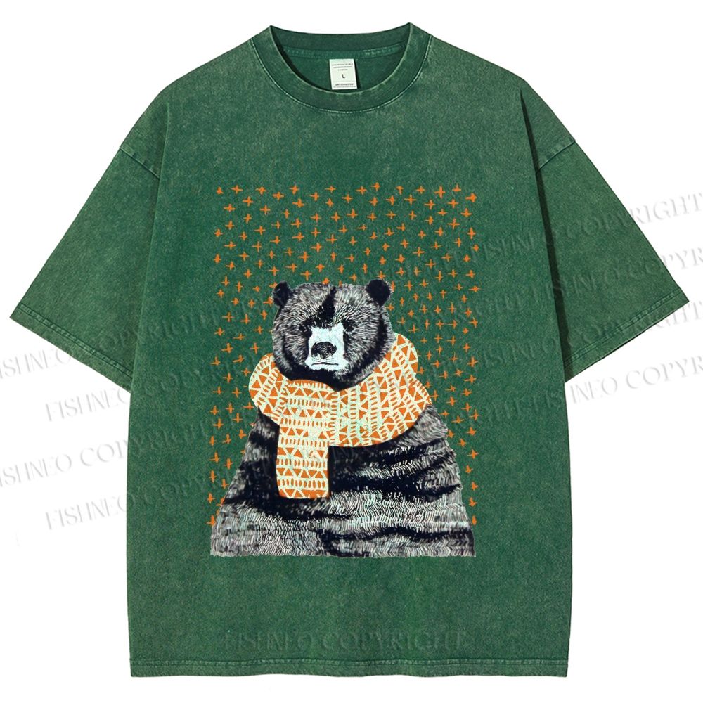 Unisex Bear Wearing a Scarf Printed Washed Tee