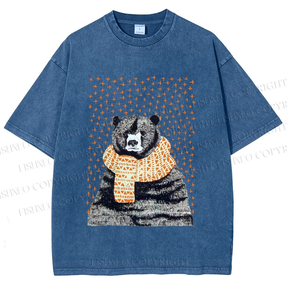 Unisex Bear Wearing a Scarf Printed Washed Tee