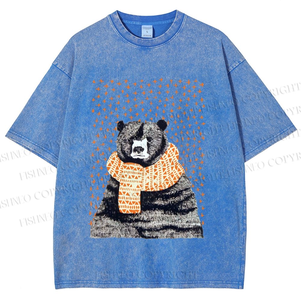 Unisex Bear Wearing a Scarf Printed Washed Tee