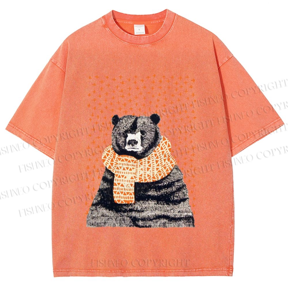 Unisex Bear Wearing a Scarf Printed Washed Tee