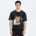 Unisex Funny Me? Cat Meme Printed Washed Tee
