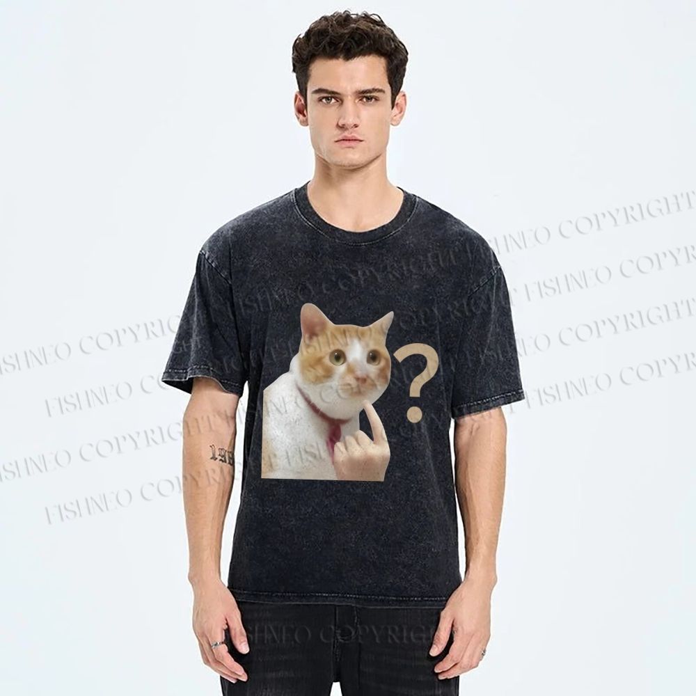 Unisex Funny Me? Cat Meme Printed Washed Tee