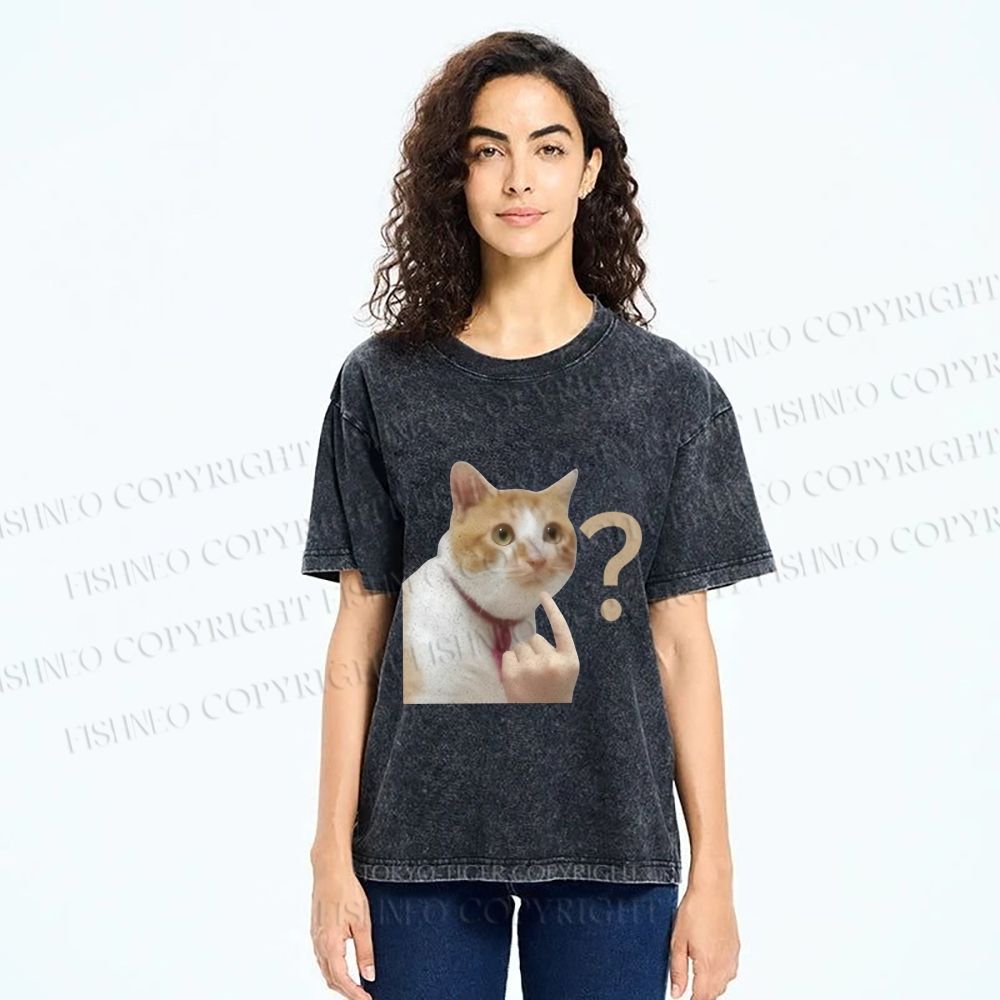 Unisex Funny Me? Cat Meme Printed Washed Tee
