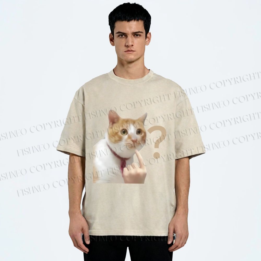 Unisex Funny Me? Cat Meme Printed Washed Tee