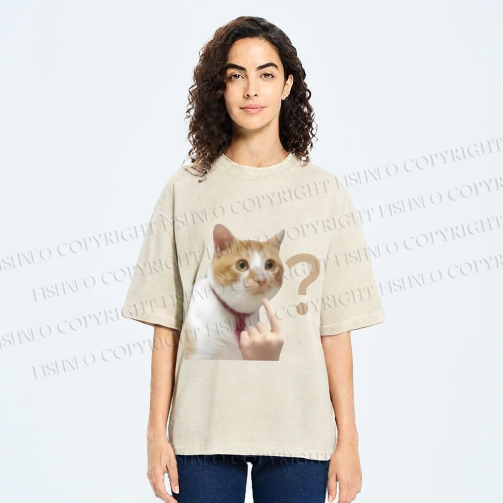 Unisex Funny Me? Cat Meme Printed Washed Tee