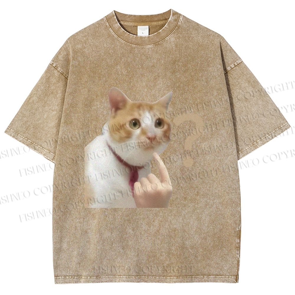 Unisex Funny Me? Cat Meme Printed Washed Tee
