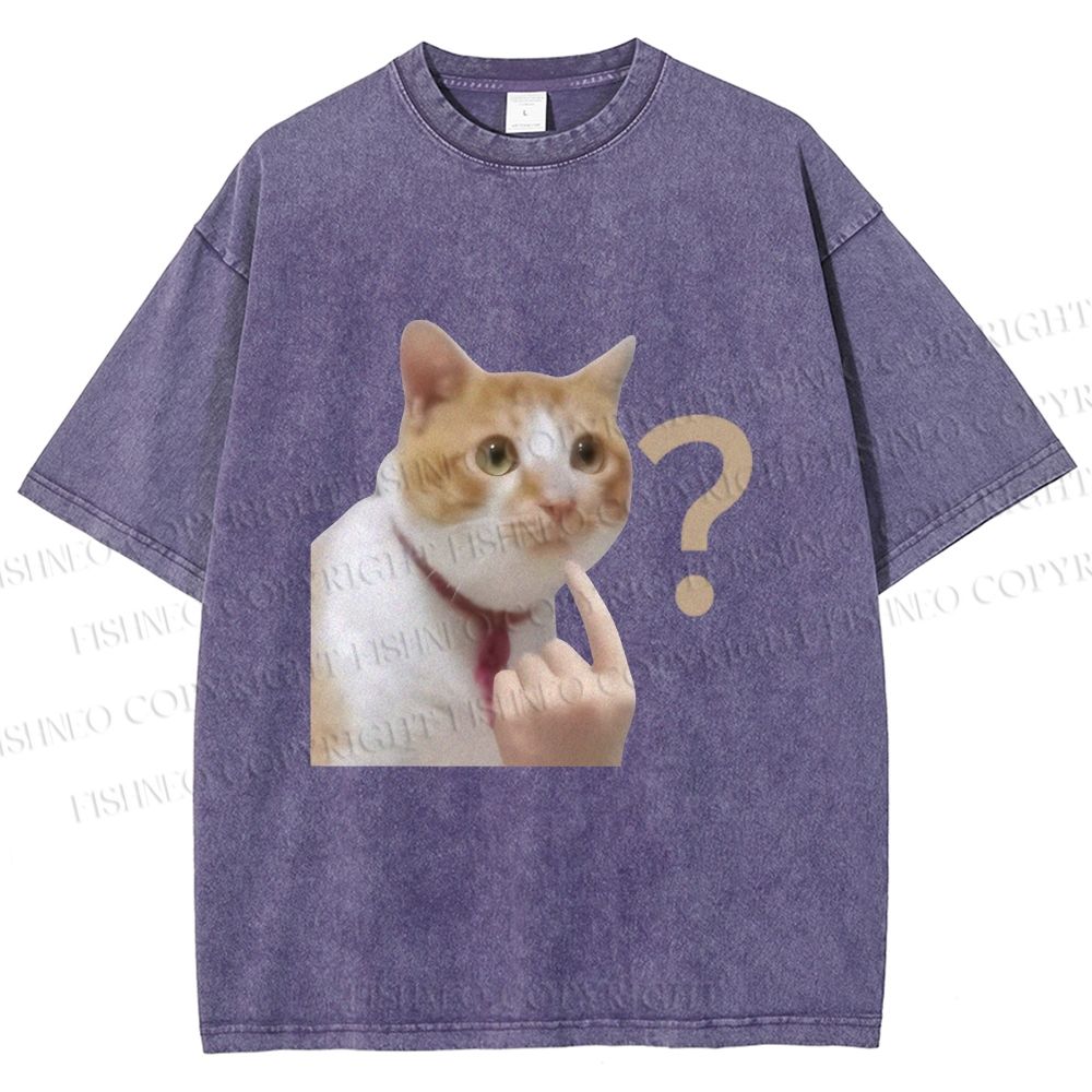 Unisex Funny Me? Cat Meme Printed Washed Tee