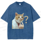 Unisex Funny Me? Cat Meme Printed Washed Tee