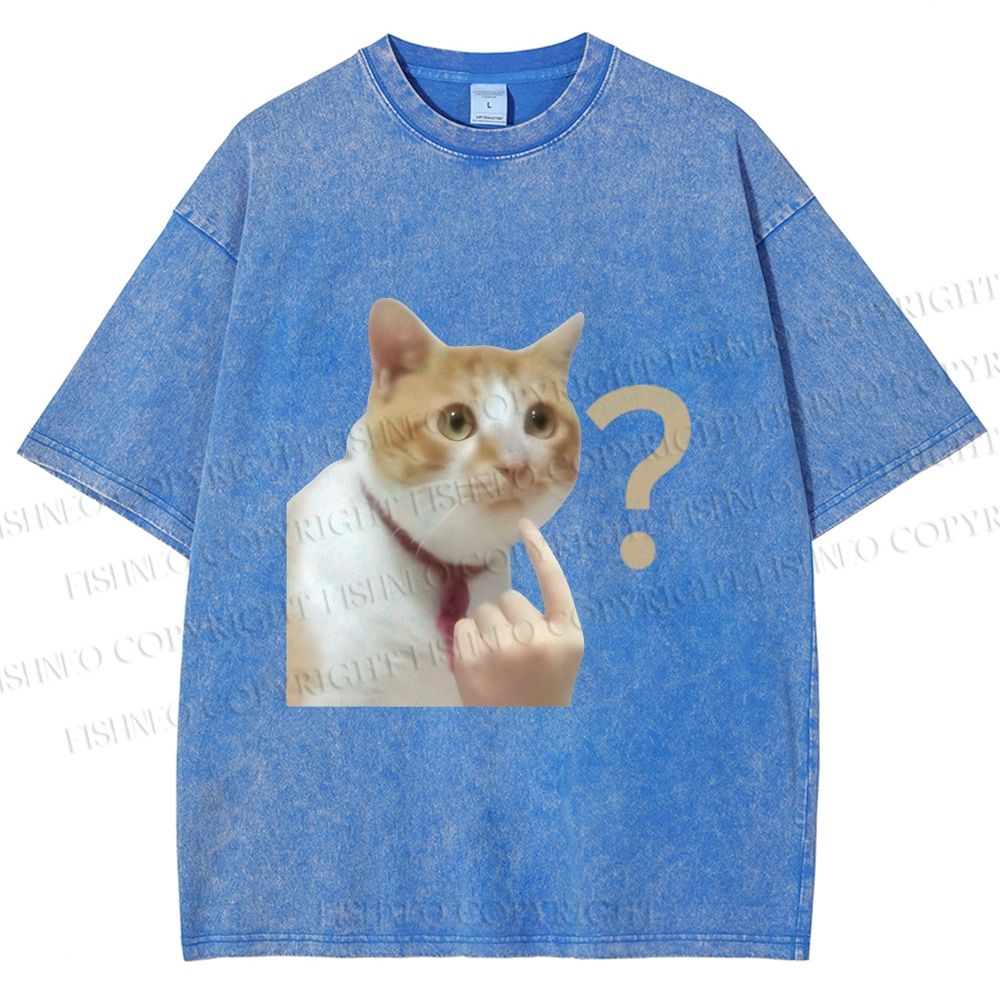 Unisex Funny Me? Cat Meme Printed Washed Tee