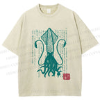 Unisex Vintage Japanese Octopus Printed Washed Tee