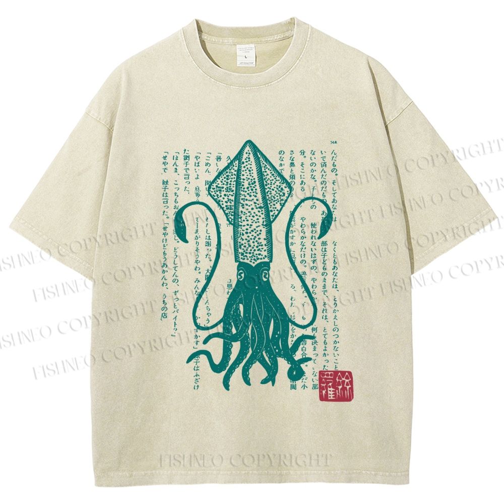 Unisex Vintage Japanese Octopus Printed Washed Tee