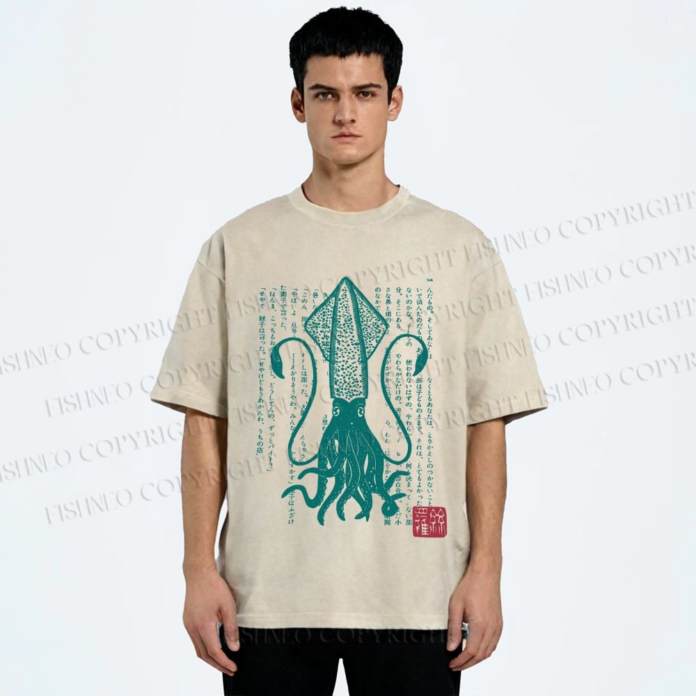 Unisex Vintage Japanese Octopus Printed Washed Tee