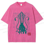 Unisex Vintage Japanese Octopus Printed Washed Tee