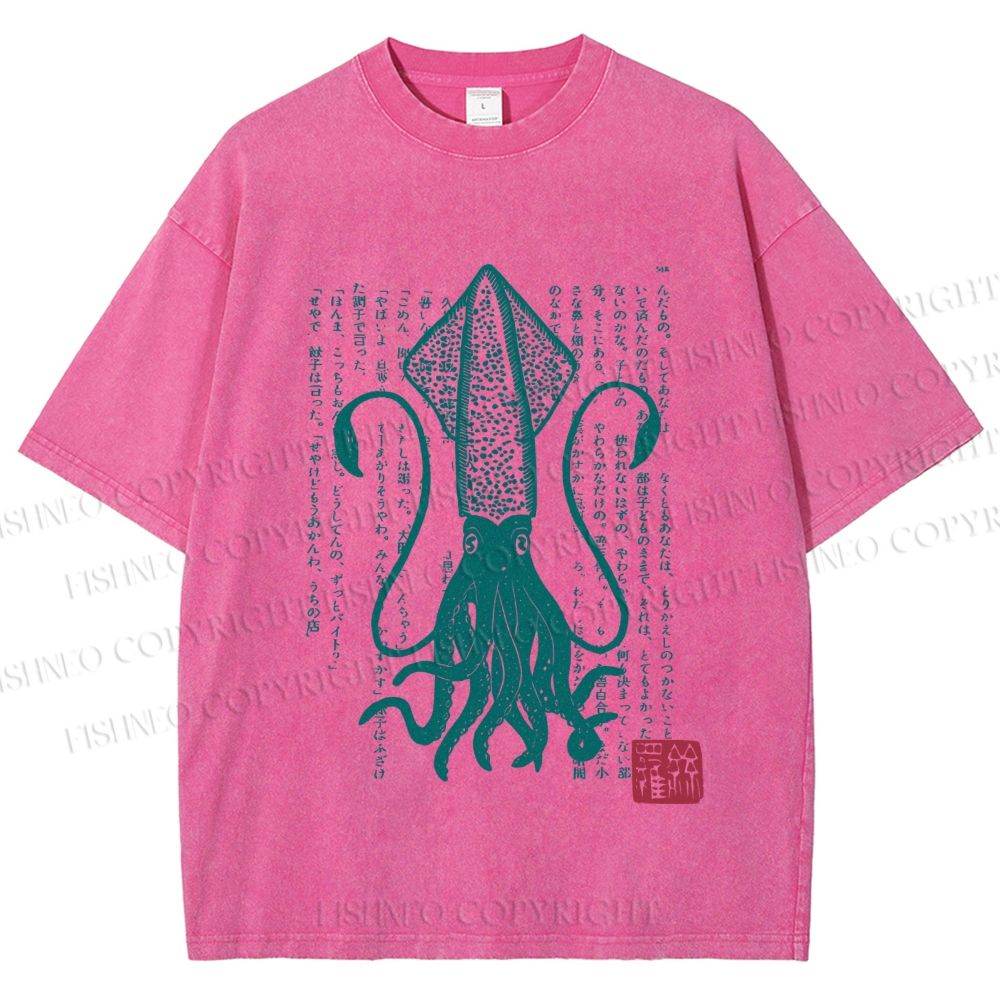 Unisex Vintage Japanese Octopus Printed Washed Tee