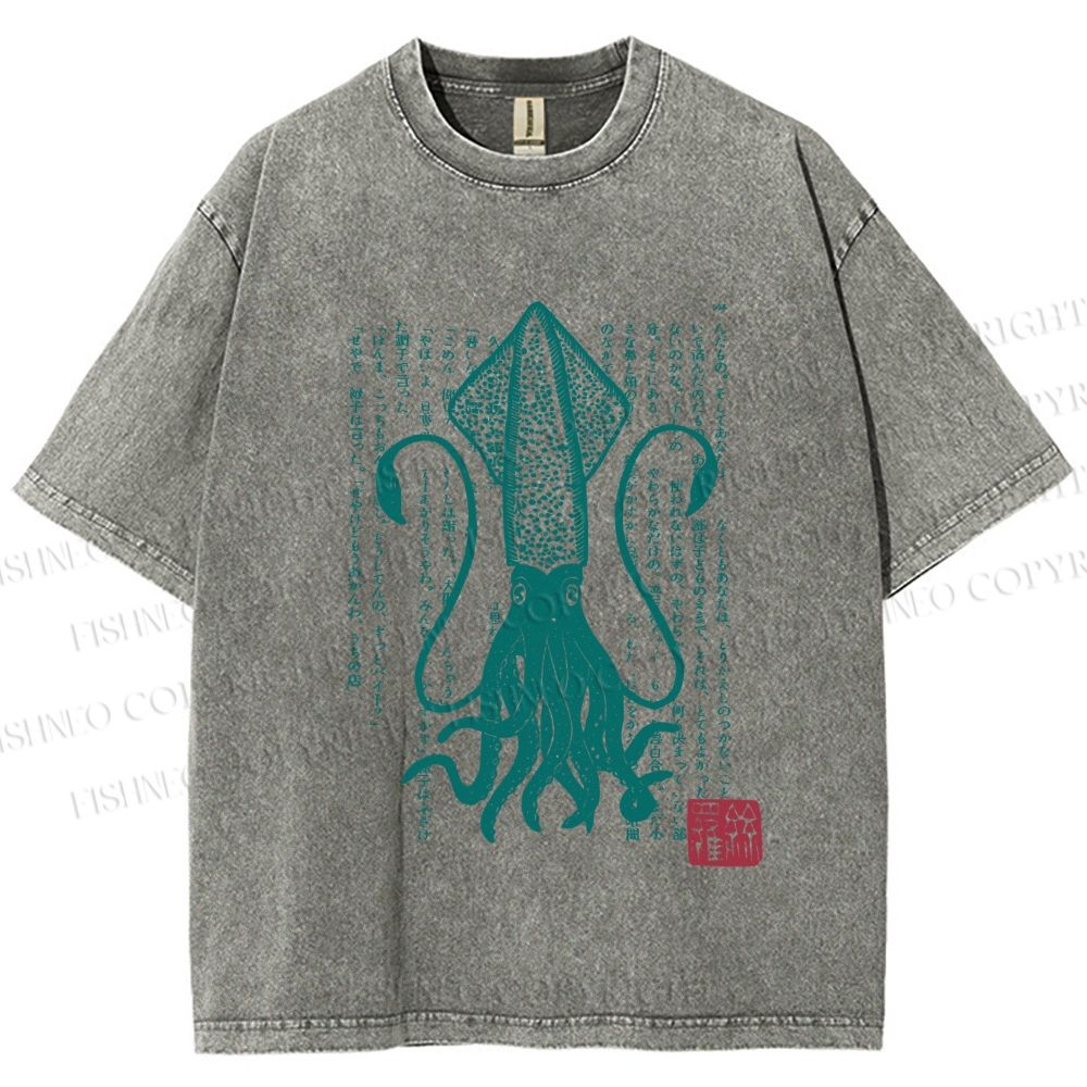 Unisex Vintage Japanese Octopus Printed Washed Tee
