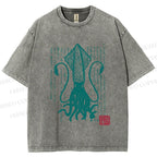 Unisex Vintage Japanese Octopus Printed Washed Tee