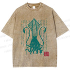 Unisex Vintage Japanese Octopus Printed Washed Tee