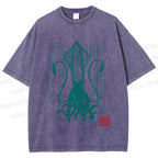 Unisex Vintage Japanese Octopus Printed Washed Tee