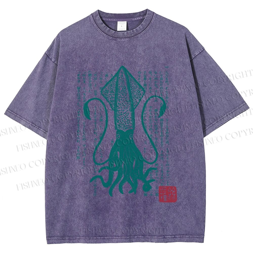Unisex Vintage Japanese Octopus Printed Washed Tee