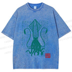 Unisex Vintage Japanese Octopus Printed Washed Tee