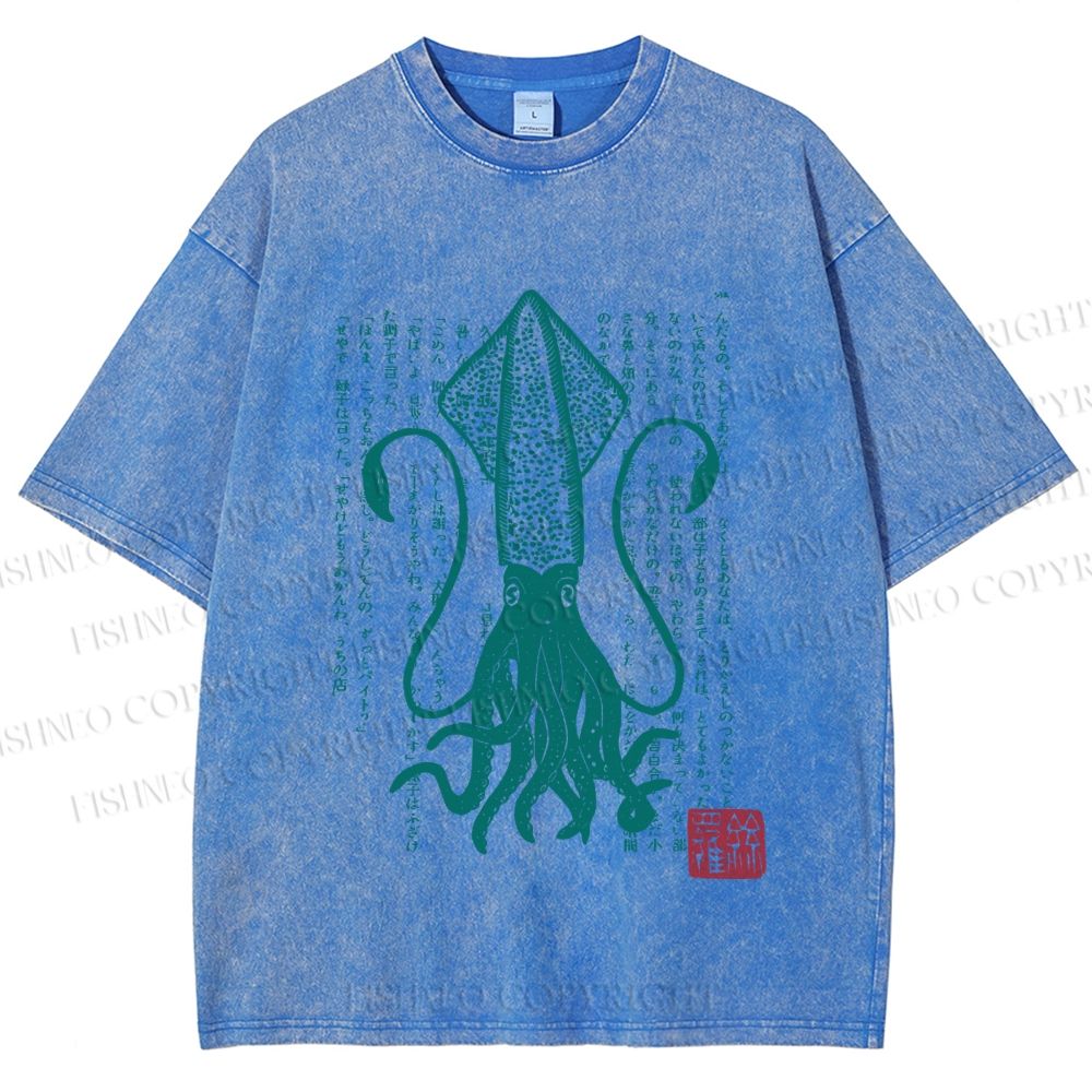 Unisex Vintage Japanese Octopus Printed Washed Tee
