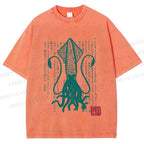 Unisex Vintage Japanese Octopus Printed Washed Tee