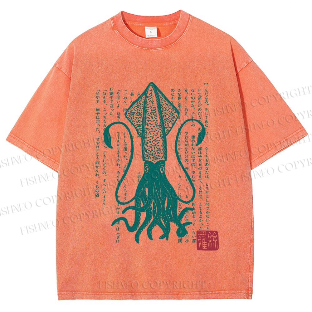 Unisex Vintage Japanese Octopus Printed Washed Tee