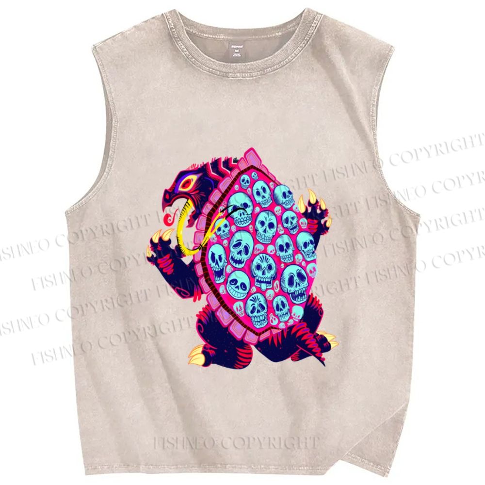 Unisex Turtle Monster With Skulls Printed Washed Tank Top