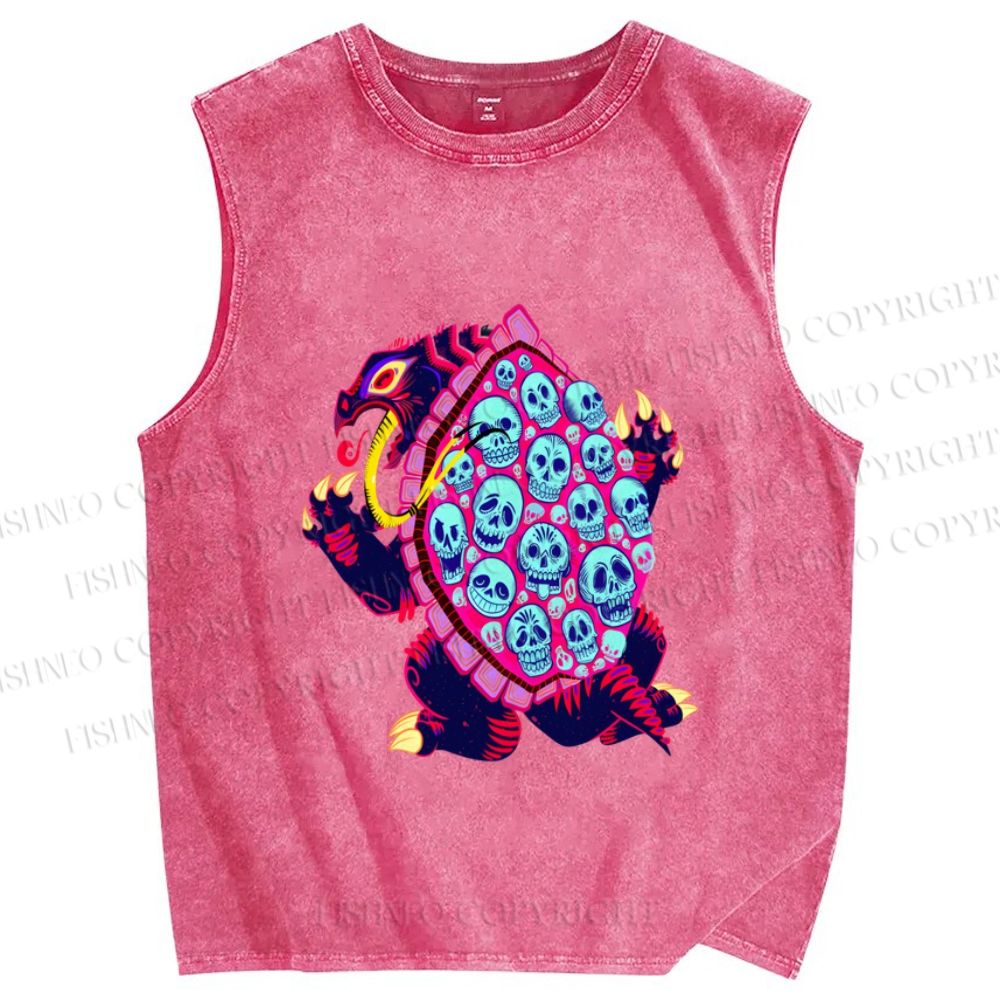 Unisex Turtle Monster With Skulls Printed Washed Tank Top